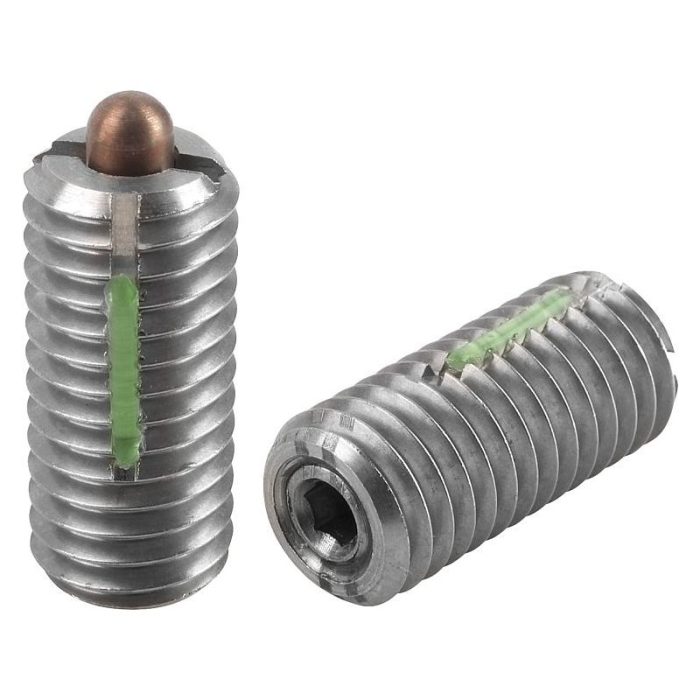 03056_VF - Altıgen soketli ve baskı pimli bilyalı setiskur vidalar, paslanmaz çelik, artırılmış yay kuvveti, diş kilidi ile