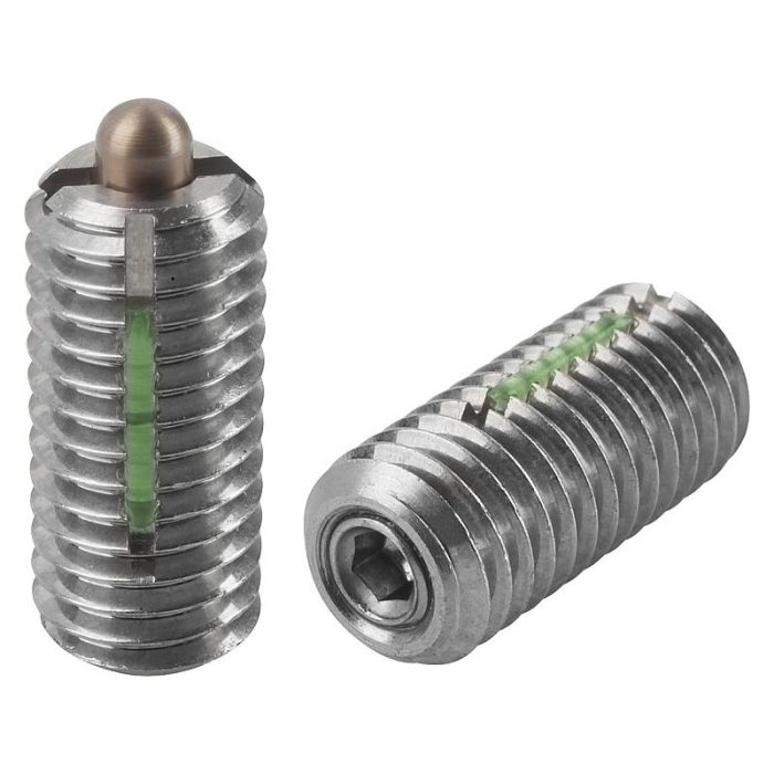 03056_SF - Altıgen soketli ve baskı pimli bilyalı setiskur vidalar, paslanmaz çelik, standart yay kuvveti, diş kilidi ile