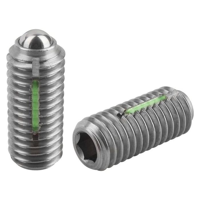 03036_SF - Altıgen soketli ve bilyalı setiskur vidalar, paslanmaz çelik, standart yay kuvveti, diş kilidi ile