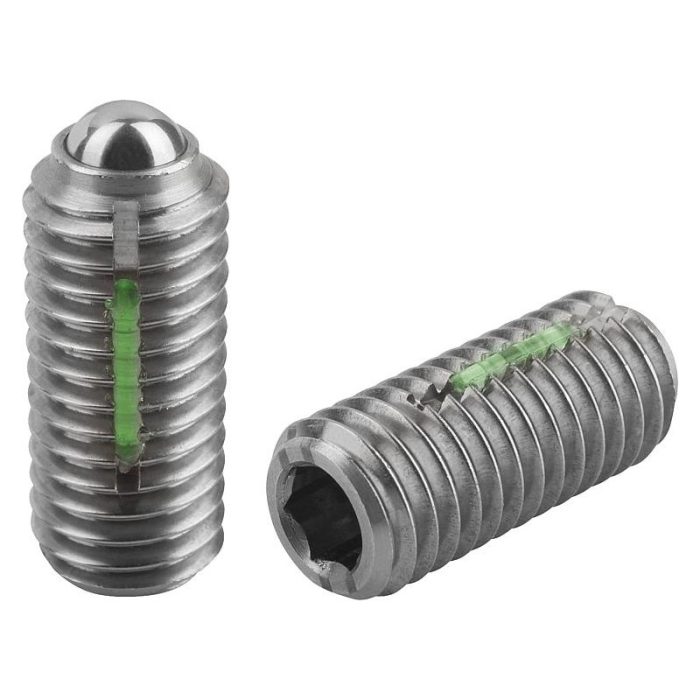 03036_VF - Bilyalı setskur vidalar, içten altıgenli ve küreli, paslanmaz çelik, güçlendirilmiş yay kuvveti, dişli sabitleyicili