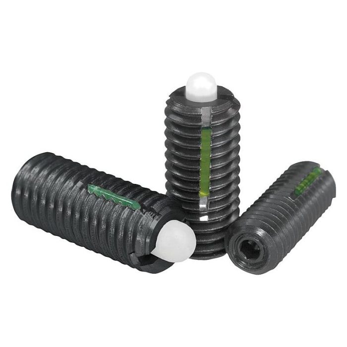 03051 - Bilyalı setskur vidalar, POM içten altıgenli ve baskı pimli, çelik, dişli sabitleyicili