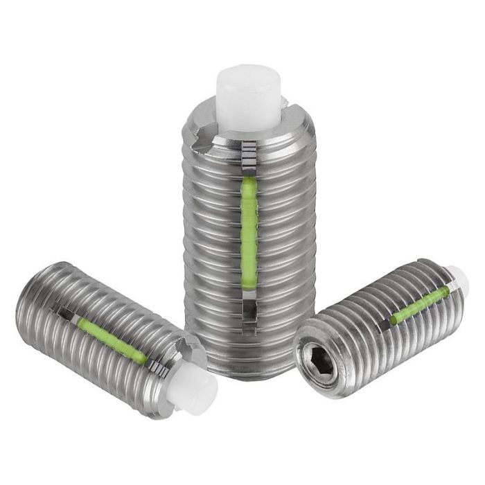 03059-01 - Bilyalı setskur vidalar, POM içten altıgenli ve baskı pimli, yassılaştırılmış, paslanmaz çelik, dişli sabitleyicili