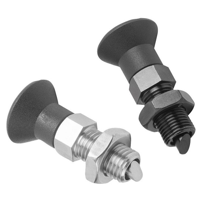 03089-10_B - Plastik mantar tutamaklı, burulma önleyicili, eğik yapılı ve kontra somunlu çelik veya paslanmaz çelik indeksleme pistonları