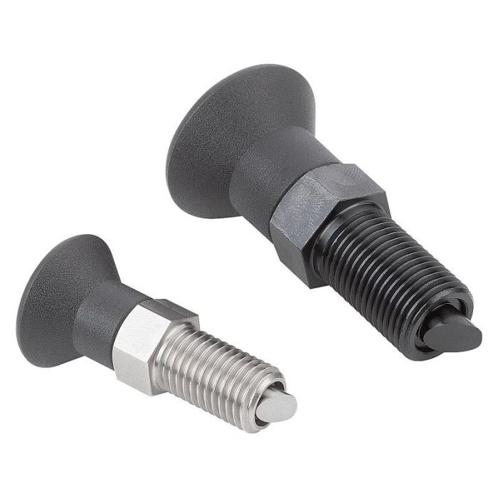 03089-10_A - Plastik mantar tutamaklı, burulma önleyicili ve eğik yapılı, kontra somunsuz çelik veya paslanmaz çelik indeksleme pistonları