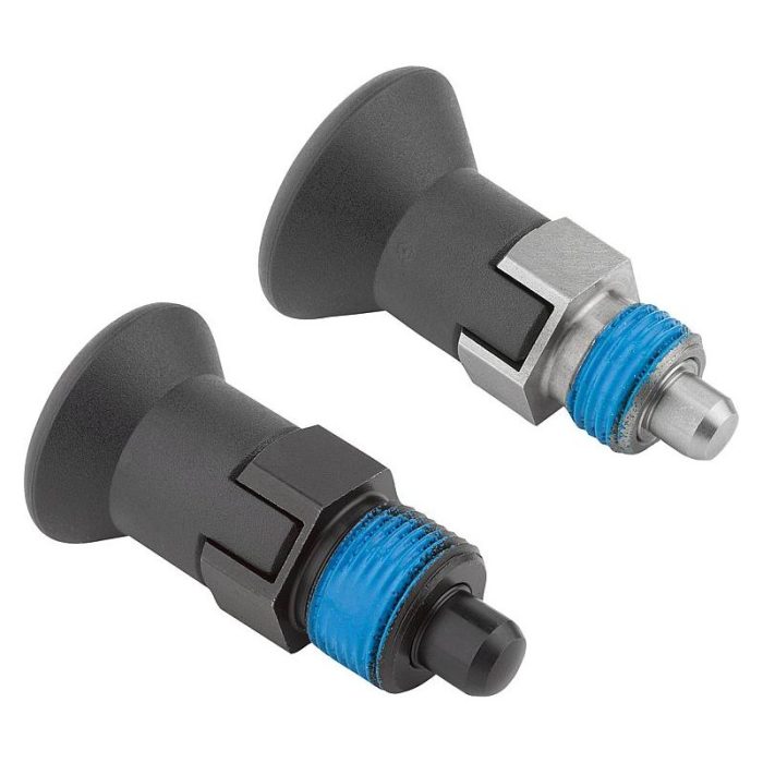 03089_CP - Plastik mantar tutamaklı, diş emniyetli ve kilit kanallı kısa tip çelik veya paslanmaz çelik indeksleme pistonları