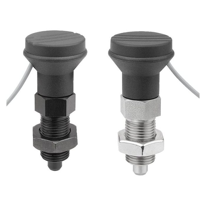 03090-20_B - Plastik mantar tutamaklı, durum sensörlü ve kontra somunlu çelik veya paslanmaz çelik indeksleme pistonları, kablolu