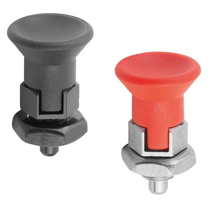 03089_D - Plastik mantar tutamaklı, kilit kanallı ve kontra somunlu kısa tip çelik veya paslanmaz çelik indeksleme pistonları