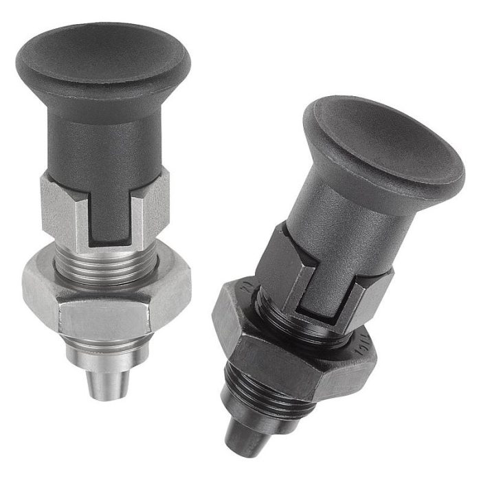 03089_D - Plastik mantar tutamaklı, konik kilitleme pimli, kilit kanallı ve kontra somunlu çelik veya paslanmaz çelik premium indeksleme pistonları