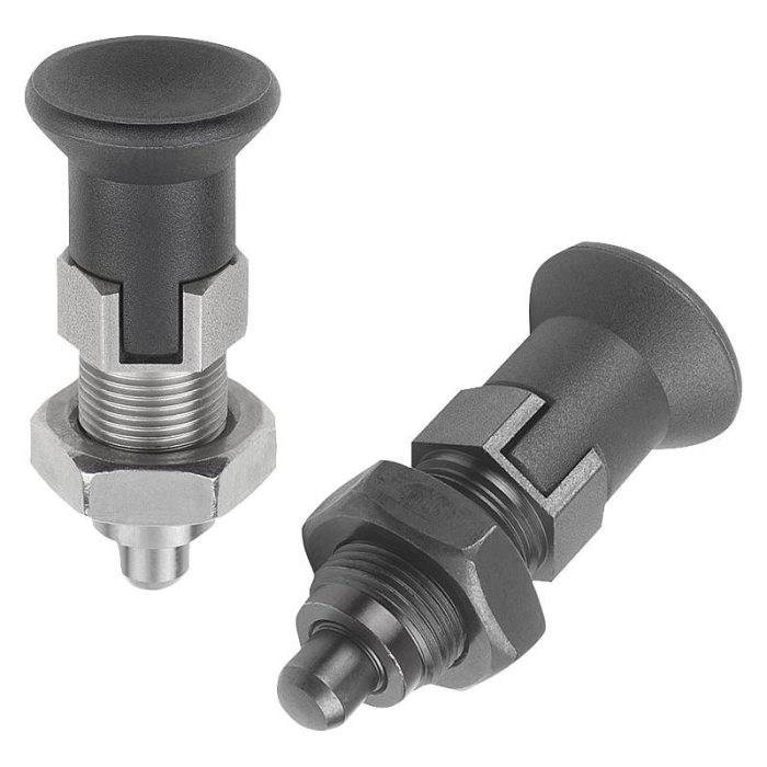 03089_D - Plastik mantar tutamaklı, silindirik kilitleme pimli, kilit kanallı ve kontra somunlu çelik veya paslanmaz çelik premium indeksleme pistonları