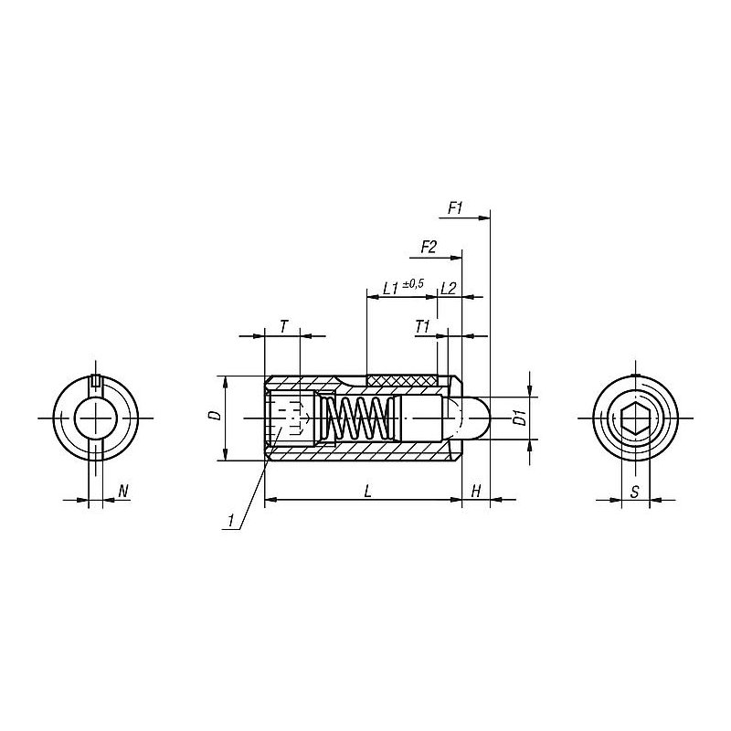 03051_LF - POM'dan yapılmış altıgen soketli ve baskı pimli bilyalı setiskur vidalar, hafif yay kuvveti, diş kilidi ile - 1