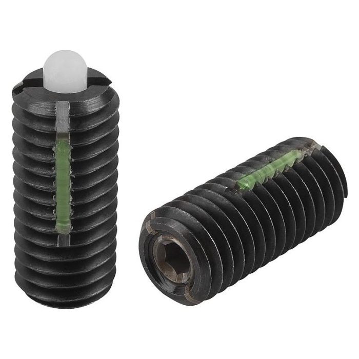 03051_LF - POM'dan yapılmış altıgen soketli ve baskı pimli bilyalı setiskur vidalar, hafif yay kuvveti, diş kilidi ile