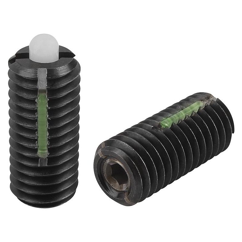 03051_LF - POM'dan yapılmış altıgen soketli ve baskı pimli bilyalı setiskur vidalar, hafif yay kuvveti, diş kilidi ile