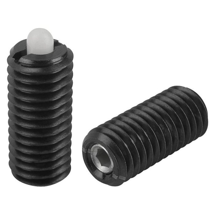 03050_LF inch - POM'dan yapılmış altıgen soketli ve baskı pimli bilyalı setiskur vidalar, hafif yay kuvveti - inch