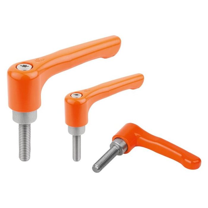 06459 inch - Sıkıştırma kolu çinko döküm, düz, dış dişli, saten saf turuncu, dişli eleman paslanmaz çelik - inch