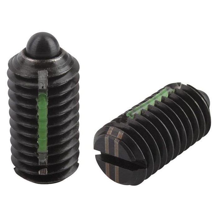 03021_VF - Yuvalı ve baskı pimli bilyalı setiskur vidalar, çelik, artırılmış yay kuvveti, diş kilidi ile