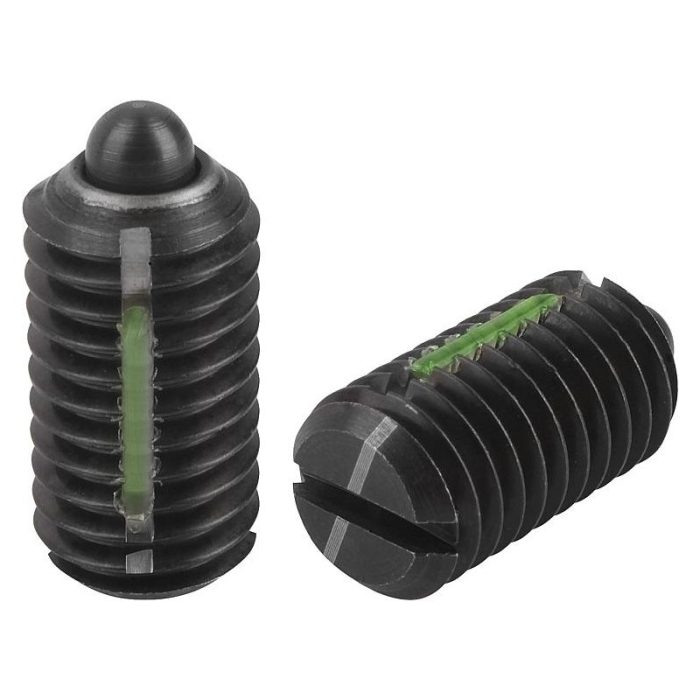 03021_LF - Yuvalı ve baskı pimli bilyalı setiskur vidalar, çelik, hafif yay kuvveti, diş kilidi ile