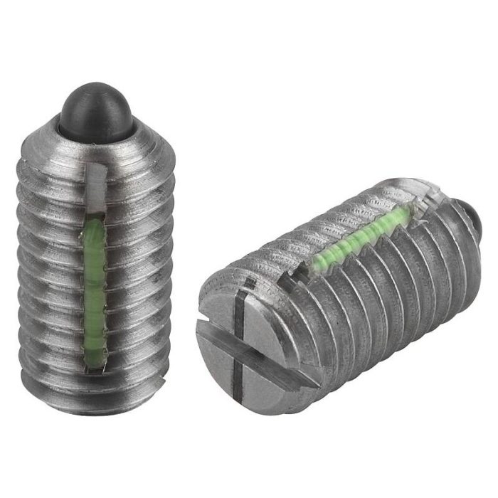 03026_LF - Yuvalı ve baskı pimli bilyalı setiskur vidalar, paslanmaz çelik, hafif yay kuvveti, diş kilidi ile