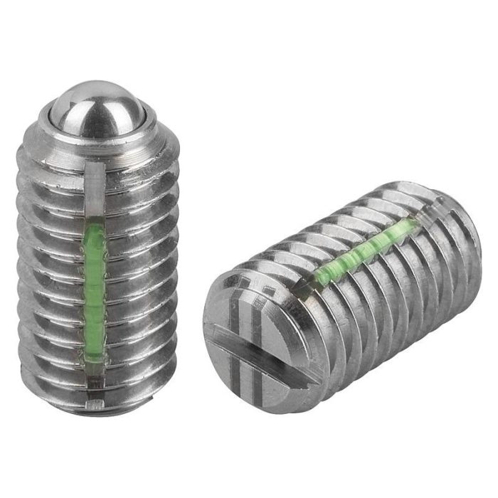 03011_VF - Yuvalı ve bilyalı setiskur vidalar, paslanmaz çelik, artırılmış yay kuvveti, diş kilidi ile