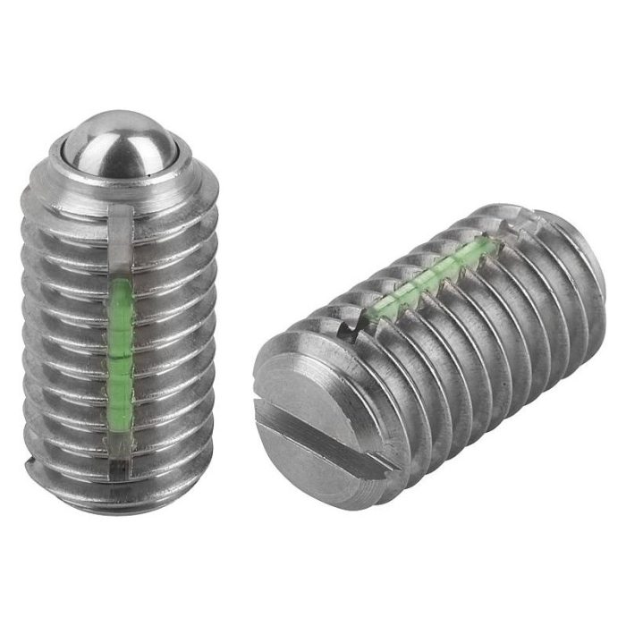 03011_SF - Yuvalı ve bilyalı setiskur vidalar, paslanmaz çelik, standart yay kuvveti, diş kilidi ile
